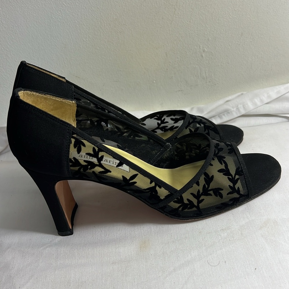ANN MARINO Black Artisan Flock Mesh Lace Heels Dressy Open Toe Shoes 10 M
